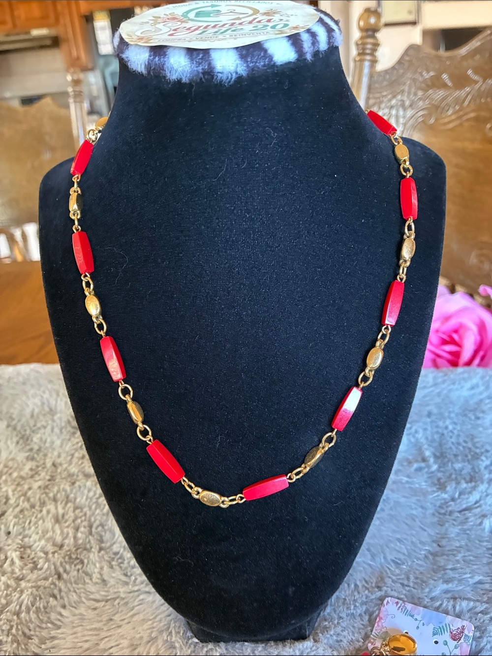 Trifari Gold-Tone Necklace with Bright Red Beads
